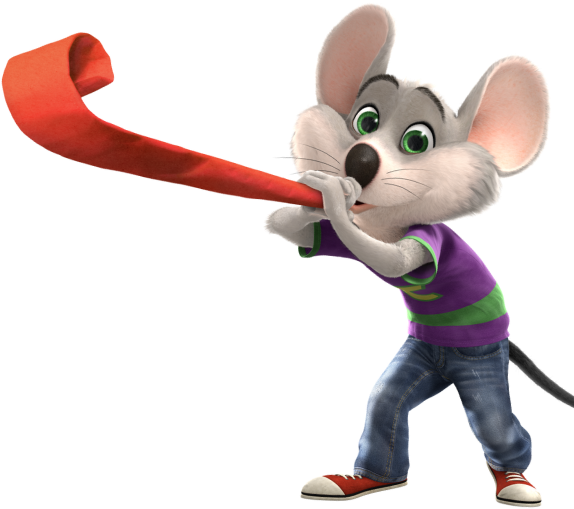 Chuck E. Cheese blowing a horn